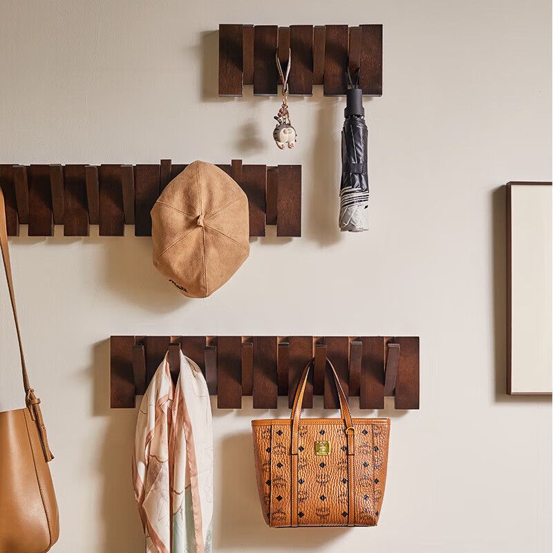 Qinggu solid wood piano key clothes hanger wall hanging coat rack wall hanging clothes hook bag rack entrance door wall clothes hook 35MM thickened walnut color 10 hooks 71CM*1