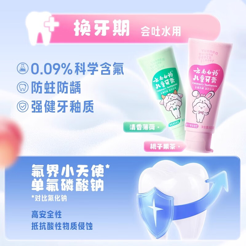 Yunnan Baiyao Children's Toothpaste, Probiotics, Fresh Breath, Fluoride, Anti-moth, Fluoride-Free, Teeth Cleaning and Gum Protection for 3-6-12 Years Old, Official Flagship, Fresh Mint*2 (Free 30g)