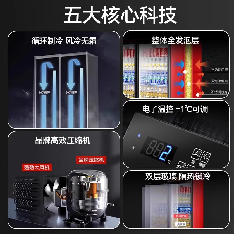 Chigo Display Cabinet Refrigerated Large Capacity Beverage Cabinet Freezer Commercial Fresh Cabinet Supermarket Glass Door Refrigerator Vertical Beer Cabinet Double Door Lower Machine 588L Direct Cooling Energy Saving Level 1 Energy Saving 30%