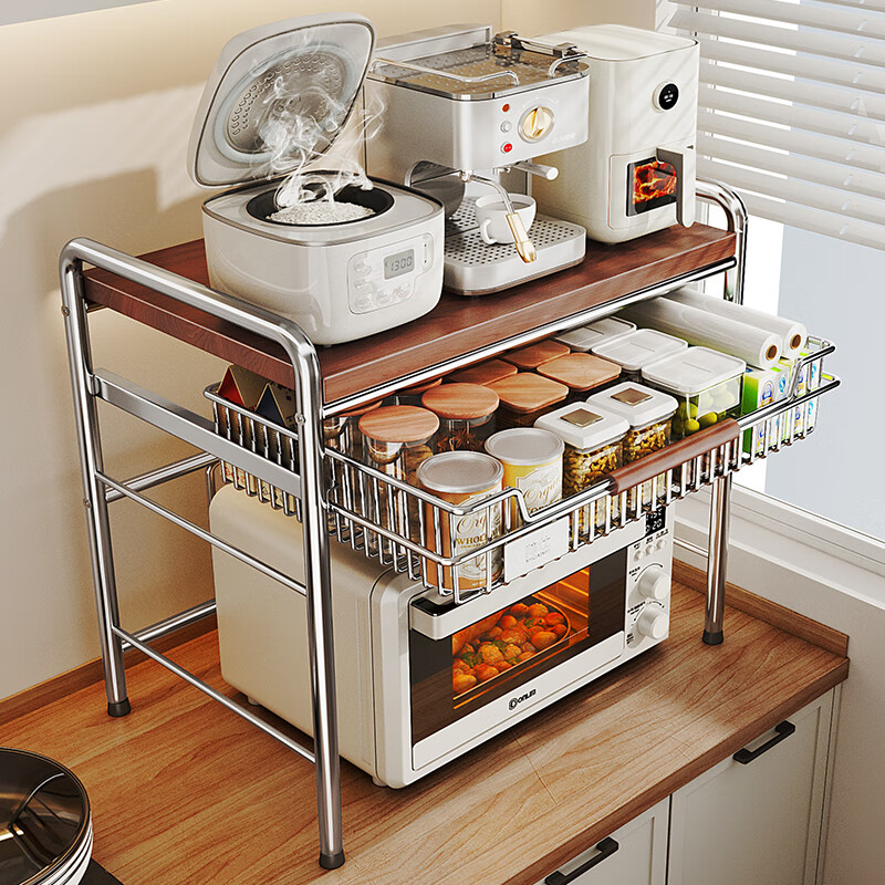 Shuaishi kitchen storage rack microwave oven rack mid-century style countertop multi-function oven rice cooker storage rack stainless steel solid wood 3 layers 60 long stainless steel solid wood laminate