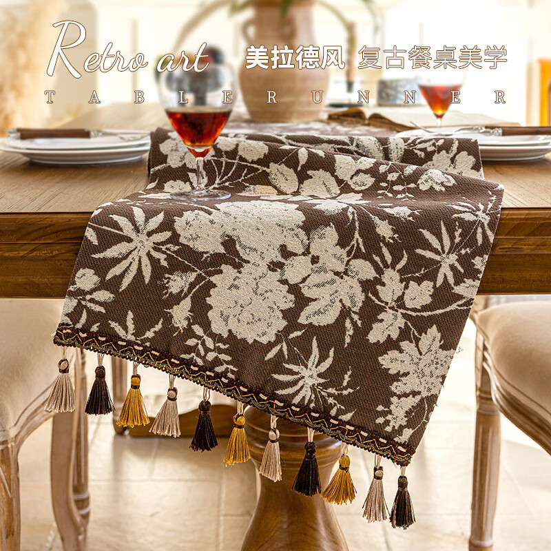 Lujie French retro dining table table flag chenille table cover high-end decorative strip cloth sideboard TV cabinet long cover towel Man Yuan - black 35*120cm