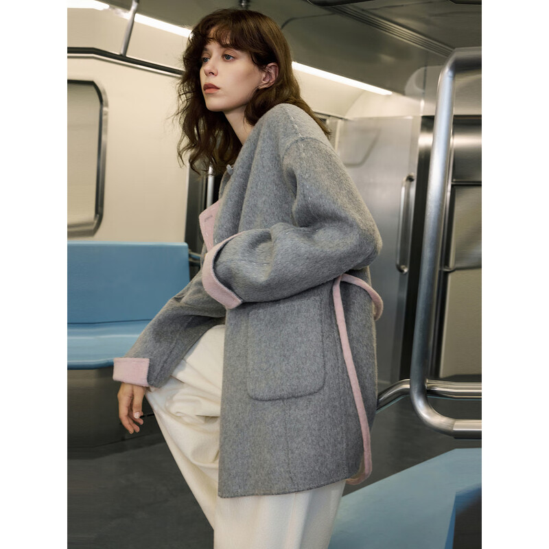 ELLE Zhu Xudan's same style French sheep wool woolen coat for women 2025 winter new double-sided woolen coat gray pink M