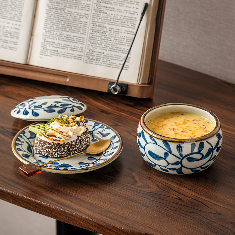 Youcci Blue Gou Teng exquisite hand-painted small stew pot ceramic soup cup with lid Japanese steamed egg cup special bird's nest bowl for one person (2 pieces) 3.5-inch small stew pot - Blue Gou Teng