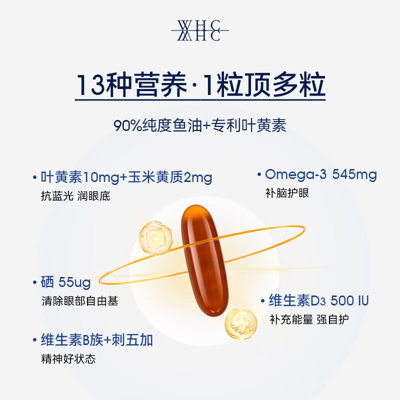 WHC Saint Seiya High Purity Fish Oil DHA Patented Lutein Zeaxanthin B Family Stay up late to study and protect your eyes for exam preparation Lutein + Fish Oil Saint Seiya Fish Oil 30 capsules * 1 box