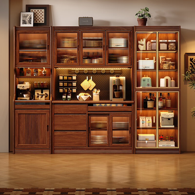 Solid wood sideboard bar table retractable storage partition integrated cabinet living room small apartment sofa side cabinet bar table combination walnut color
