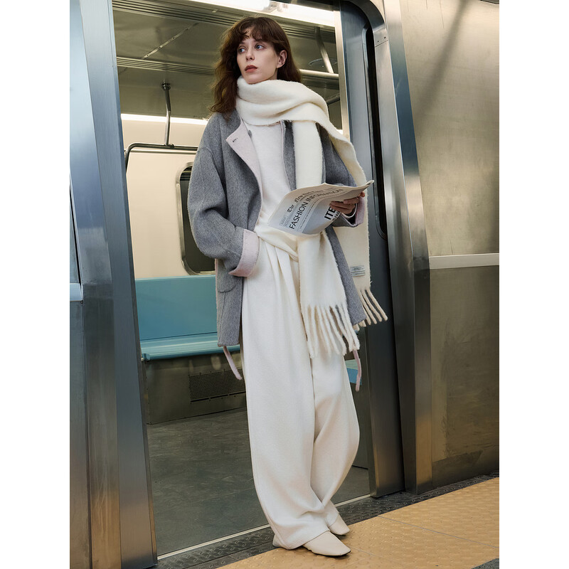 ELLE Zhu Xudan's same style French sheep wool woolen coat for women 2025 winter new double-sided woolen coat gray pink M