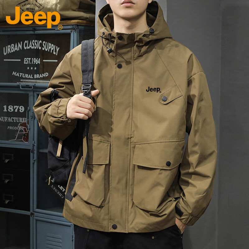 JEEP Jeep Jacket Men's Jacket Autumn and Winter Hooded Workwear Loose Charge Versatile Men's Clothing Black 2XL