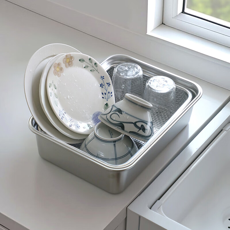 Shuangshan 304 stainless steel dish basin drain basket large single slot deep basin medium basin large square dish drain rack set vegetable preparation basin + drain basket