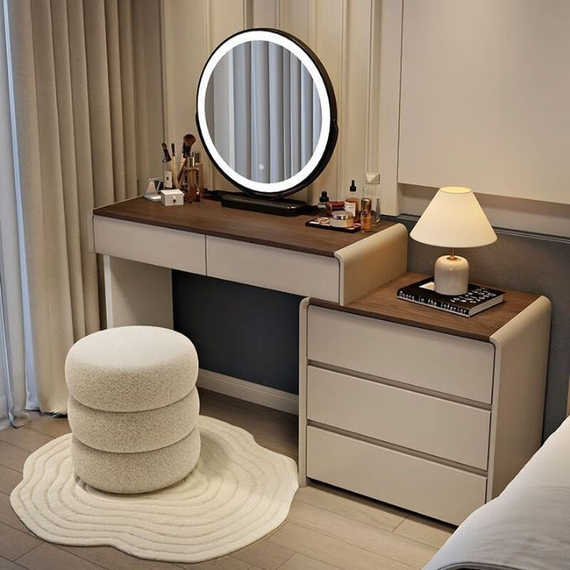 Ogisen Dressing Table Modern Simple Drawer Cabinet Integrated Dressing Cabinet Small Apartment Cream Style Bedside Cabinet Bedroom Solid Wood Dressing Table Solid Wood White Table 80+ Cabinet + Round Mirror + Petal Chair
