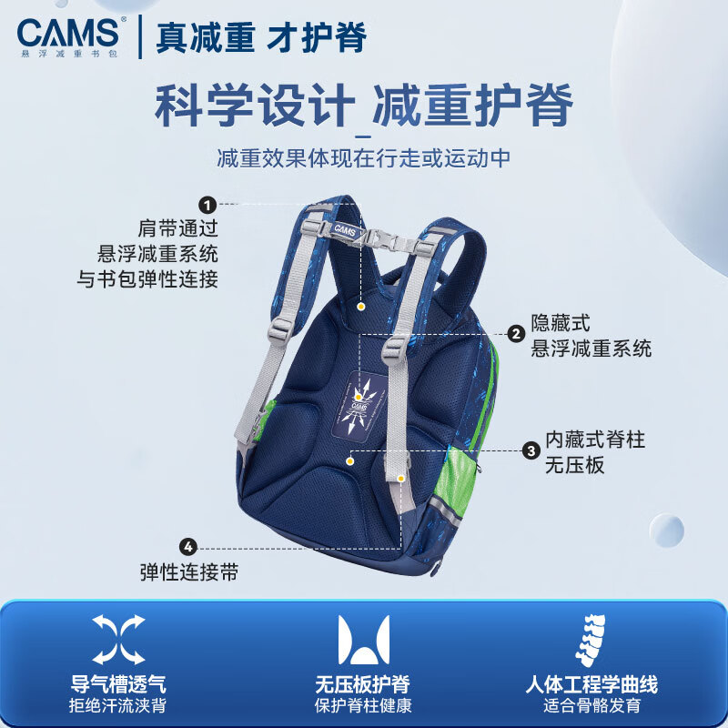 CAMS2.0 Cloud-Sense Suspension Weight Loss Schoolbag 1-4th Grade 22L S08701S Planet Blue