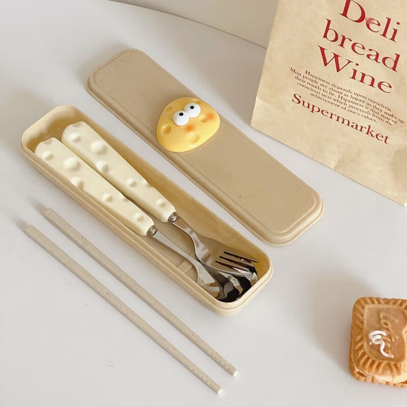Ye Yu cute ins cheese spoon fork chopsticks three-piece student tableware portable tableware storage box set milk free spoon + fork + wheat chopsticks free box with cheese upgraded version tableware set in activity