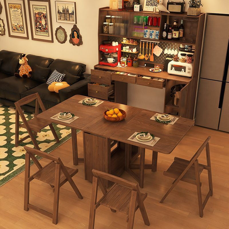 Wooden Whale Elephant Solid Wood Folding Dining Table Retractable Folding Mobile Small Household Table Multifunctional Sideboard Integrated Solid Wood 1.6m Walnut Color Dining Table Cabinet