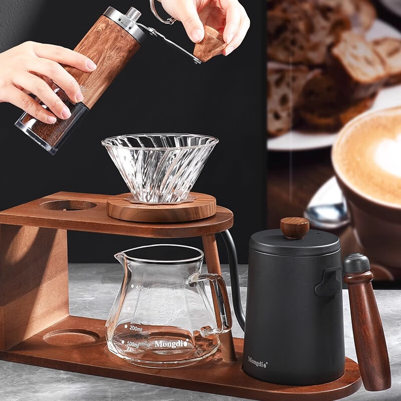 Mongdio hand brewing coffee pot set hand grinding coffee machine hand grinding storage stand coffee utensil complete set second generation stand hand brewing 10 pieces - black steel core model