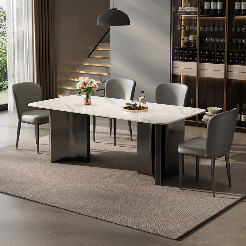 Shanglinchun Italian-style slate dining table and chairs set for home small and medium-sized apartments 4-6 people dining table light luxury high-end super crystal stone antibacterial bright snow mountain white full support base + gray Baylor chairs * 4 pieces 1.4 meters * 0.8 meters * 0.76 meters
