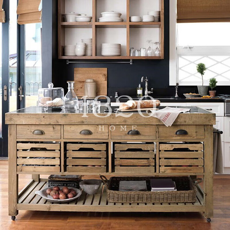 Wen Yijia Nordic American country style solid wood cabinet sideboard removable marble kitchen island console material 100*60*85 (solid wood countertop) two drawers