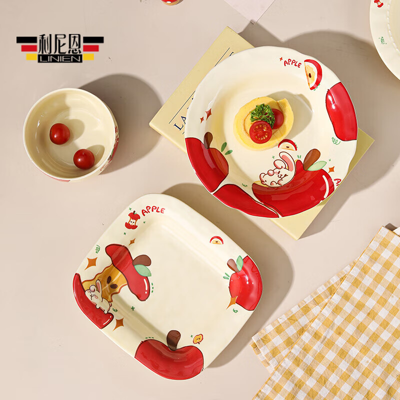 Apple Rabbit cute ins high-looking household bowl spoon underglaze color ceramic tableware rice bowl rice bowl plate 8.5 inch lace plate Apple Rabbit 1 piece