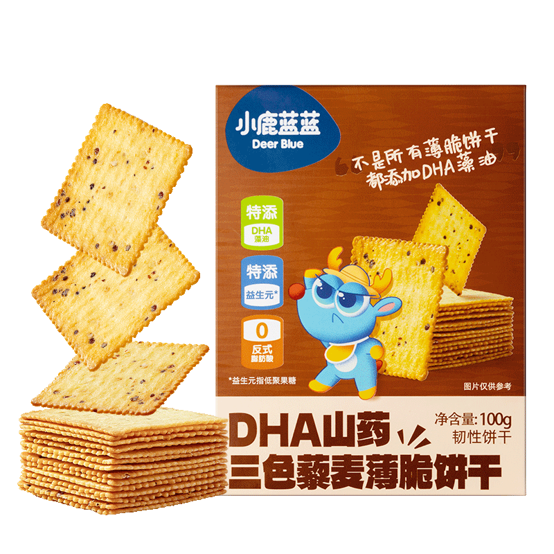 Fawn blue DHA yam three-color quinoa crackers baby snacks children's crispy whole grain crackers individually packaged 100g