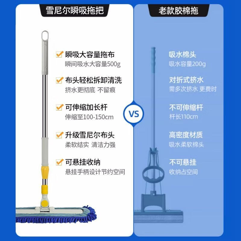 Caterpillar mop chenille flat household water-absorbent large one-mop wooden floor tile wet mopping artifact blue Say goodbye to bending down and laborious. 50CM easy and labor-saving 150CM telescopic rod + one cloth