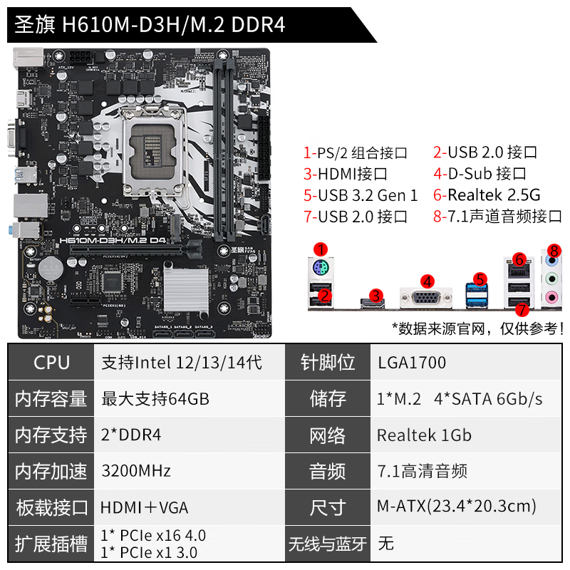 Shengqi H610/B660/B760 series desktop motherboard supports INTEL 12/13/14 generation CPU H610M-D3H/M.2 DDR4 single motherboard, one-year store warranty