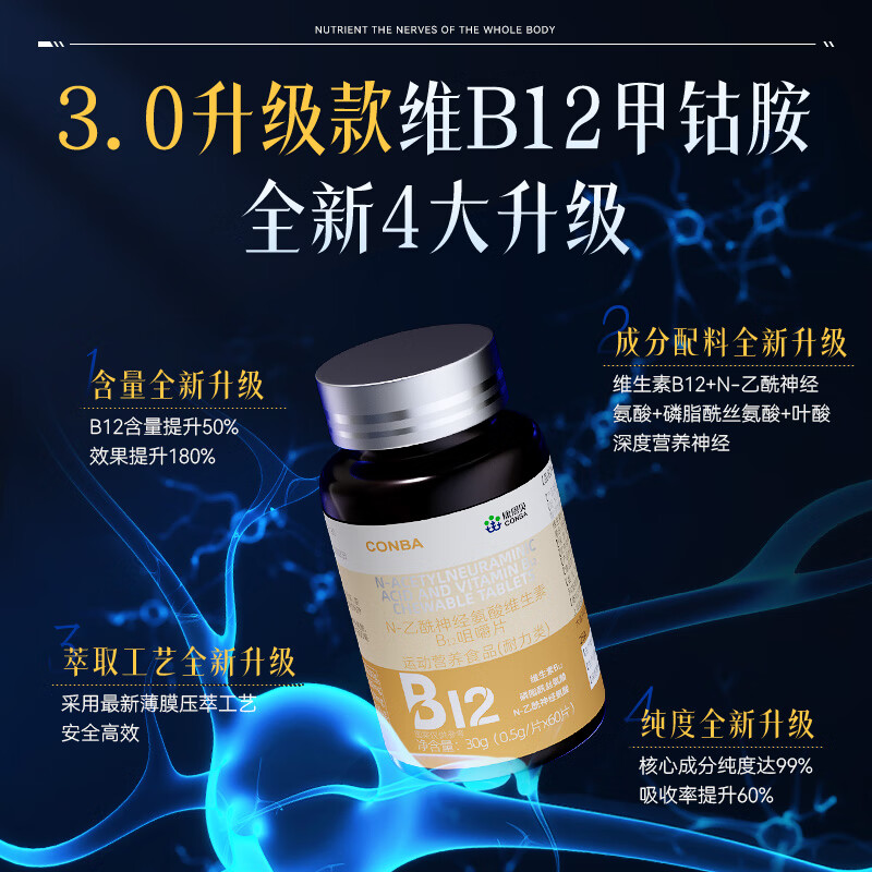 Conba b12 vitamin b12 methylcobalamin tablets nutritional neuromethylcobalamin tablets genuine vitamin b12*1 bottle