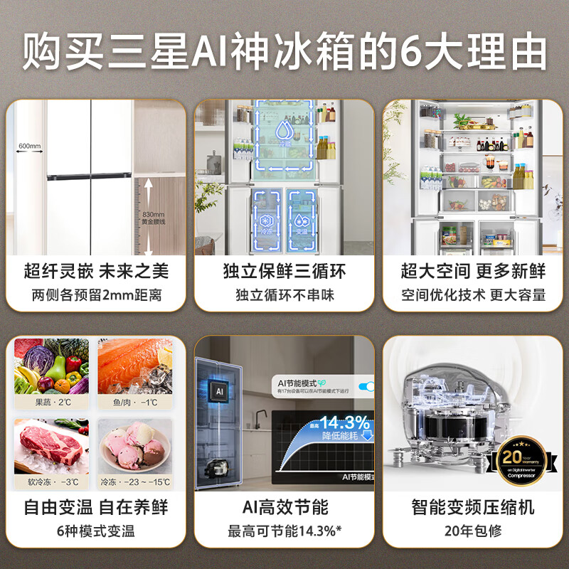 Samsung (SAMSUNG) AI Venus 501L cross-door refrigerator three-cycle ultra-thin zero-embedded flat-mounted air-cooled frost-free white RF50DG5021CWSC national subsidy