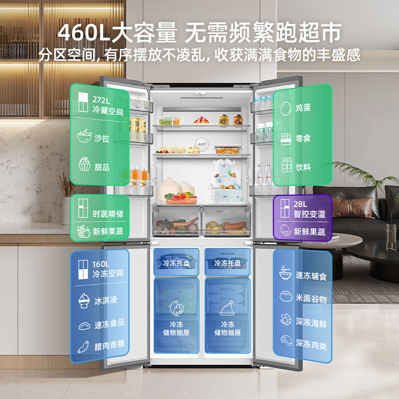 MeiLing Storage Division 460L Cross Door Refrigerator Dual Frequency Conversion Level 1 Energy Efficiency Household Ultra-Thin Body-32 Deep Freezing Quick Freezing Air Cooling Frost-Free BCD-460WSP9CX National Subsidy
