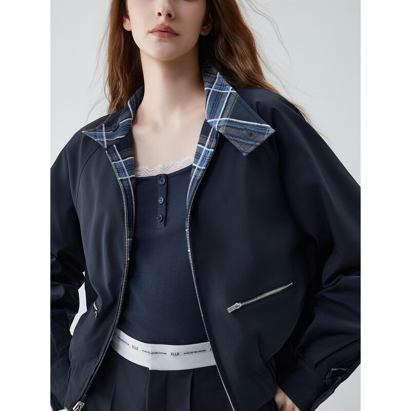 ELLE Navy Blue Plaid Reversible Short Jacket Women's 2025 Autumn New Casual Loose Design Top Navy S