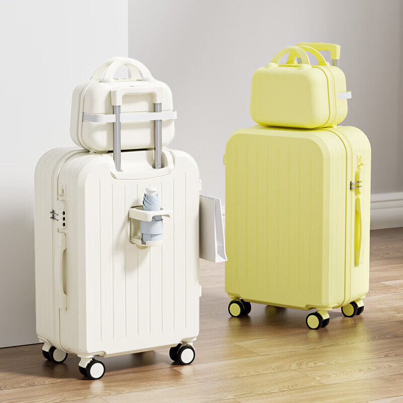 Kangaroo (KANGAROO) suitcase for female students, small board-ready suitcase, large-capacity trolley suitcase, durable password leather suitcase, good-looking lemon yellow single box, charging port + cup holder, 24 inches, business trip, light and smooth