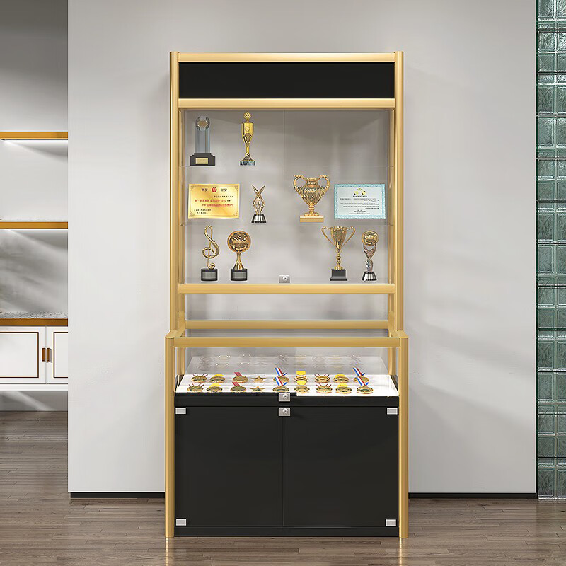Kington Glass Display Cabinet Certificate of Honor Certificate Trophy Medal Exhibition Cabinet Sample Display Cabinet Product Display Rack Golden L Cabinet 100*40*200cm