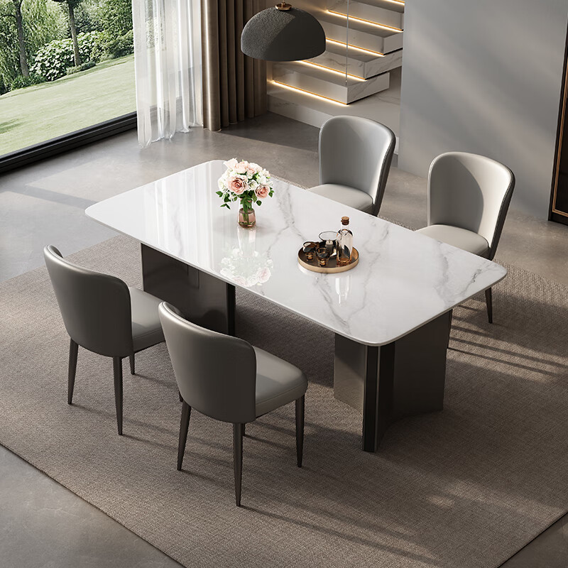 Shanglinchun Italian-style slate dining table and chairs set for home small and medium-sized apartments 4-6 people dining table light luxury high-end super crystal stone antibacterial bright snow mountain white full support base + gray Baylor chairs * 4 pieces 1.4 meters * 0.8 meters * 0.76 meters