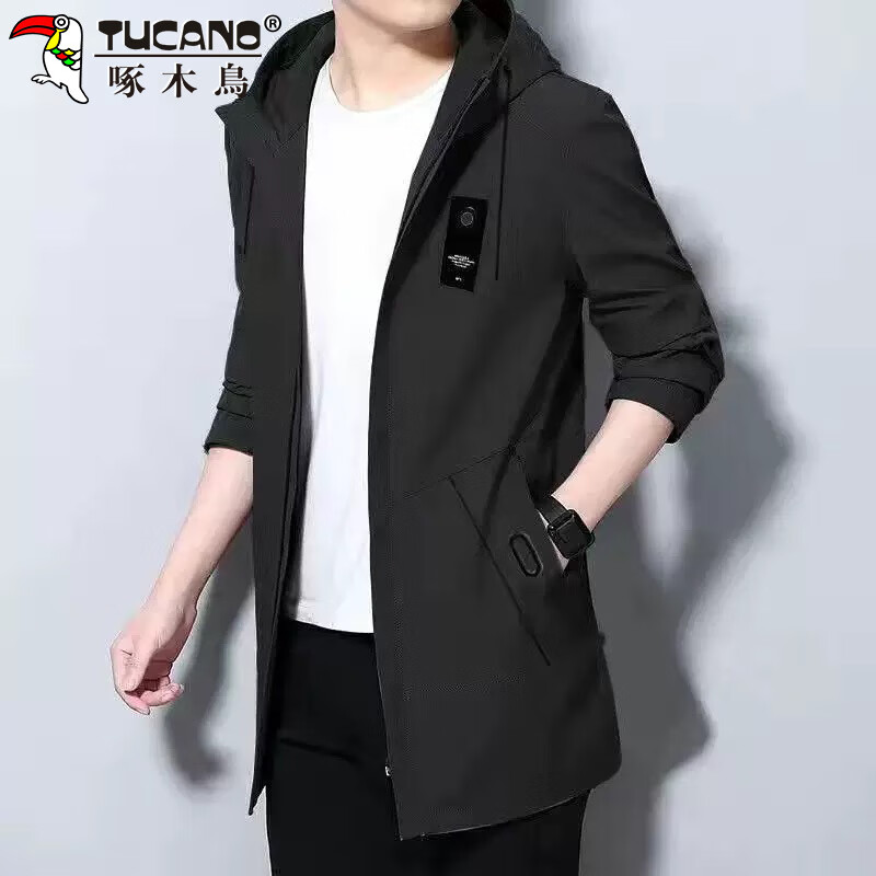Woodpecker (TUCANO) coat men's autumn and winter casual loose mid-length windbreaker jacket men's hooded Korean top khaki XL