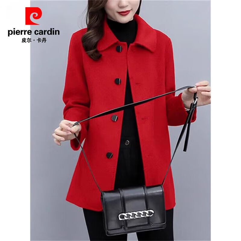 Pierre Cardin Short Cashmere Wool Coat Women's Spring Autumn Winter 2025 New Thick Small Casual Woolen Coat Burgundy XL