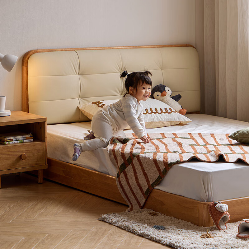 Lin's home all-solid wood children's bed 1.35m 1.5m optional soft-covered leather bed bedroom princess bed LH275A1 slat frame | wood color breathable leather | high bed 1.5m x 2m bed + 0 glue thickened spine pad 20cm (CDK103B)