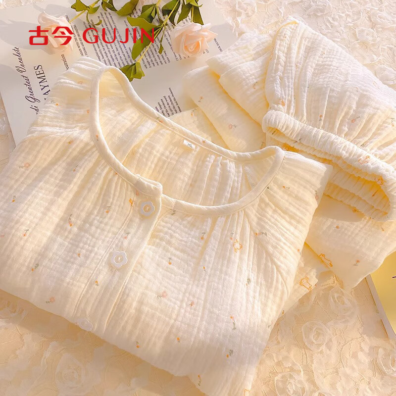 Gujin (GUJIN) pure cotton 100 cotton seersucker long-sleeved pajamas for women spring and autumn new home wear pajamas sweet large size two-piece set L