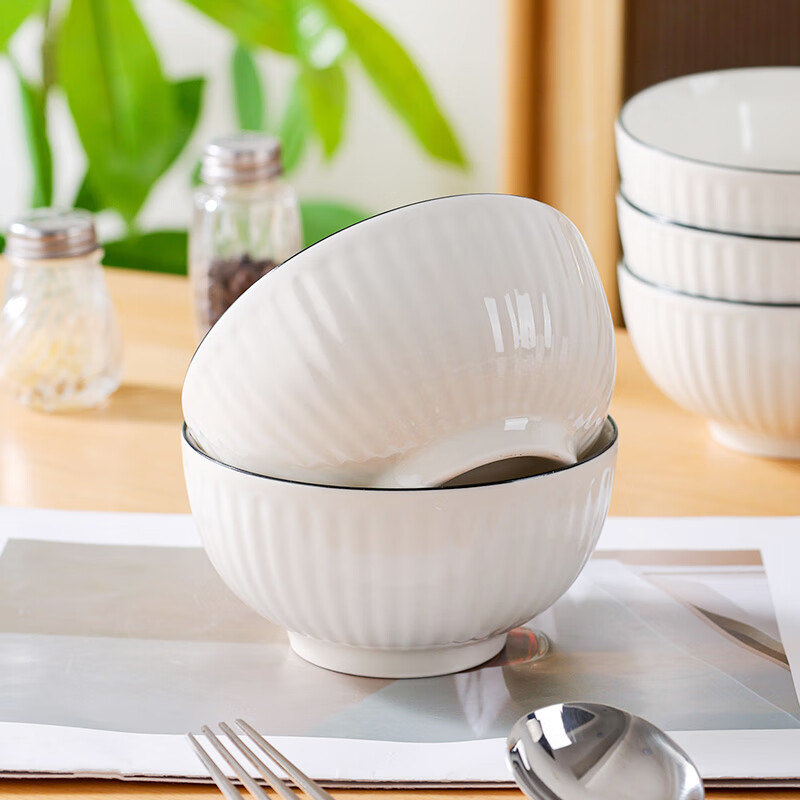 Hechuanwu ceramic bowl simple pure white small bowl household 4.5-inch rice bowl soup bowl set 10 pieces vertical black line