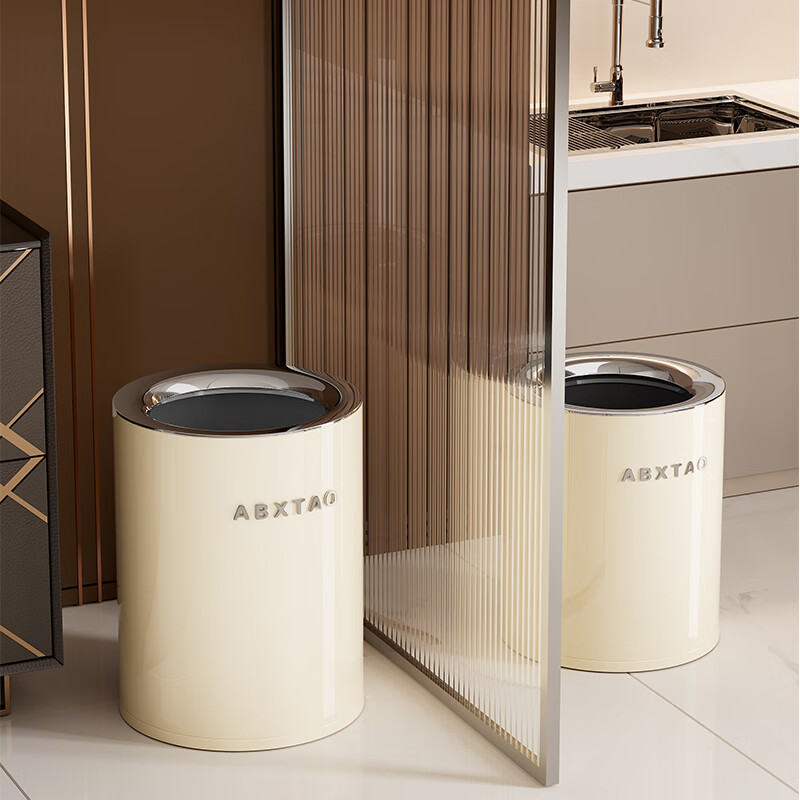 Bailu trash can for home living room, light luxury, high-end stainless steel, large capacity, bedroom, kitchen, toilet, high-looking 2025 new model, large electroplating model, cream white 15L, double barrel inside and outside