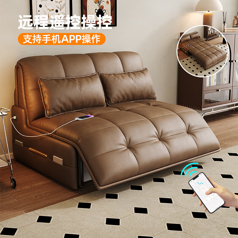 Yizhiqing electric sofa bed multi-functional foldable study bedroom push-pull retractable storage retro antique style single off-white cat claw leather + high-density environmentally friendly sponge 1.0 meters