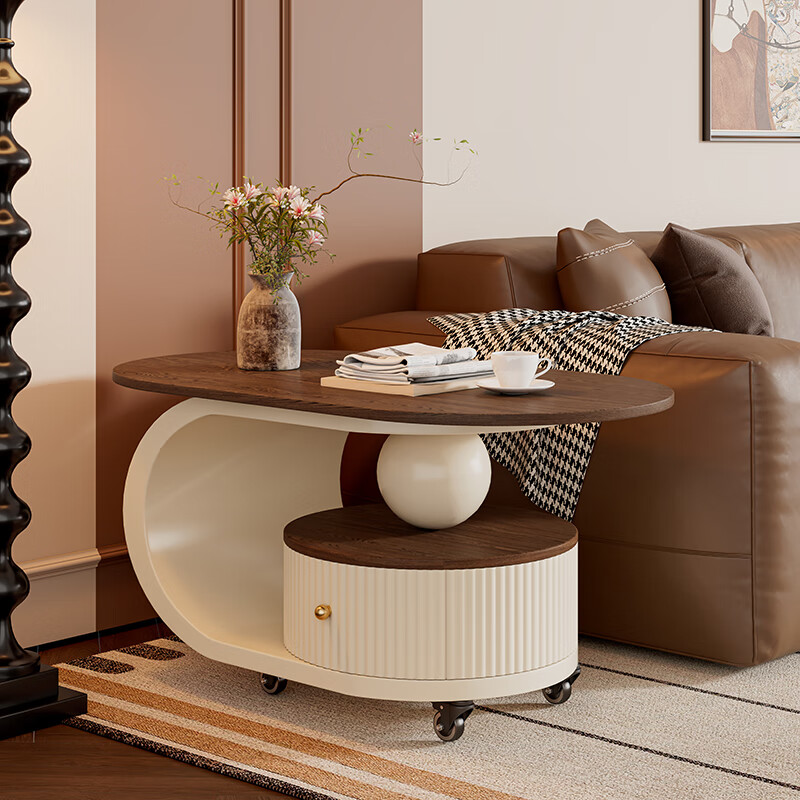 Yudianguan modern simple solid wood medieval style coffee table living room light luxury high-end movable small coffee table small apartment sofa side table apricot frame apricot cabinet walnut color countertop length 90*width 45*height 45cm