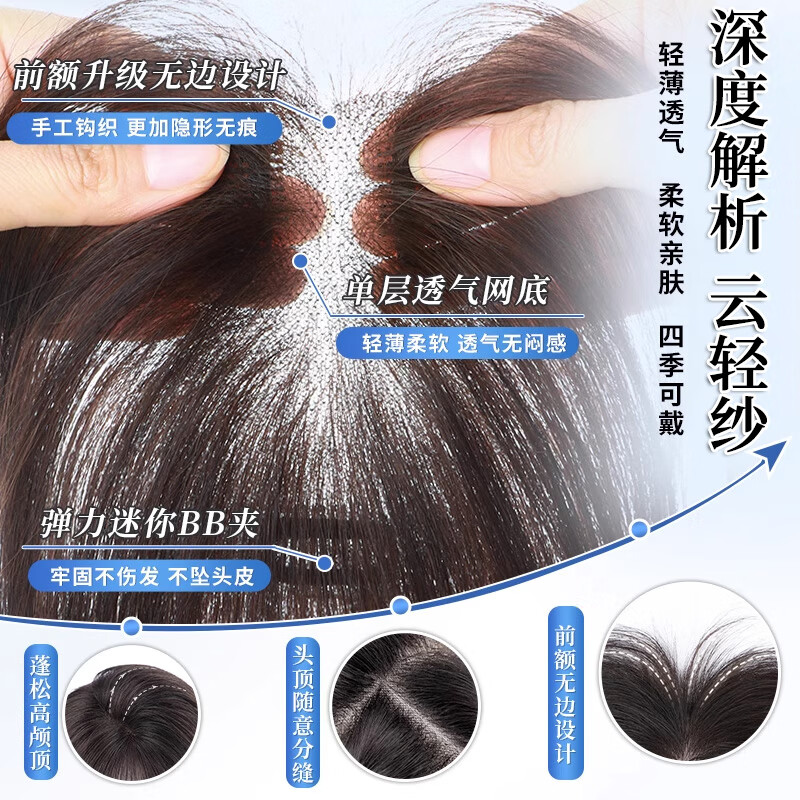 Sky tree wig piece for women to add fluffy hair volume to cover white hair. One piece light and traceless breathable human hair wig. Full real hair-correction horoscope 7*9 natural color 25cm