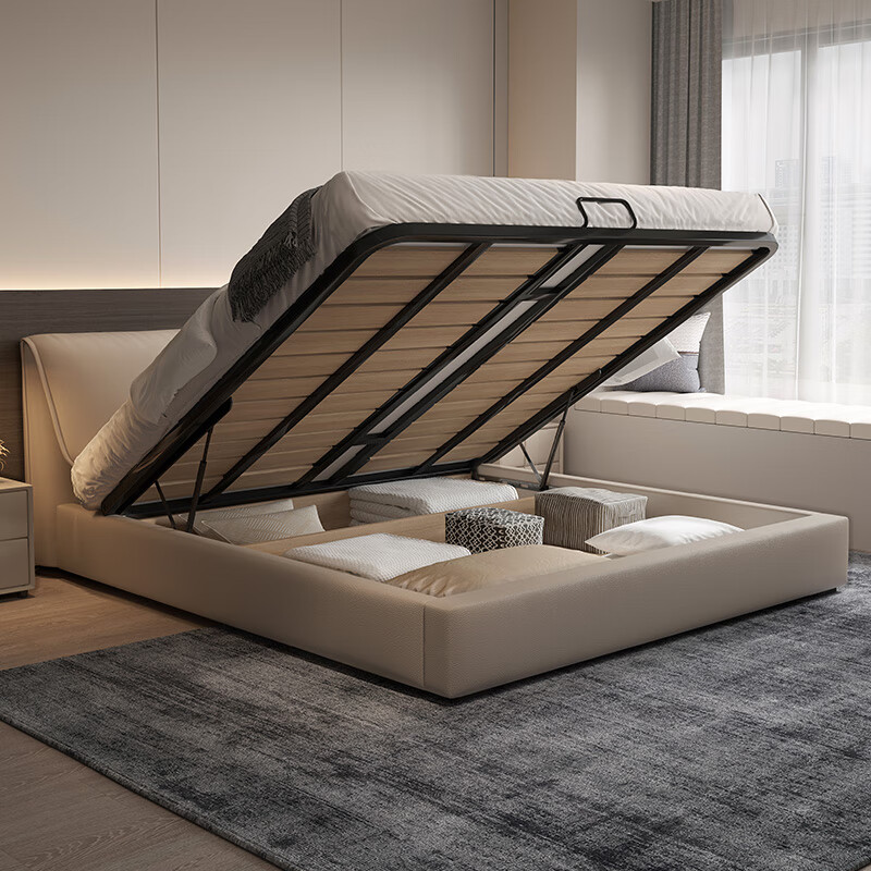Wanquanxi elephant ear leather bed modern simple storage with drawers Italian minimalist double bed bed + 20cm knitted spine coconut palm mattress 1.8*2 meters frame bed 15cm steel wood bed board