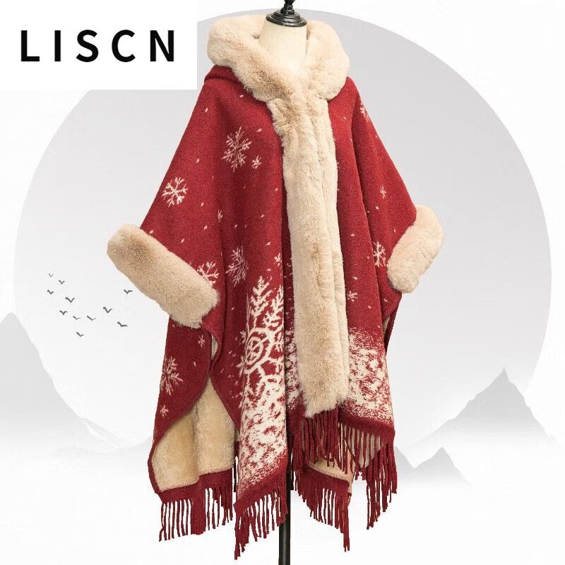 LISCN Red Christmas Cape Shawl Coat Women's Autumn and Winter New New Year Mid-Length Velvet Thickened Coat Snowflake Shawl Thickened One Size 90 Jin About 170 Jin