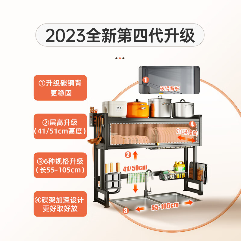 Shuaishi (shuaishi) kitchen sink rack, bowl rack, drain rack, dish rack, sink drain basket, dish rack, tableware storage rack, standard style, acrylic door, black 85 long