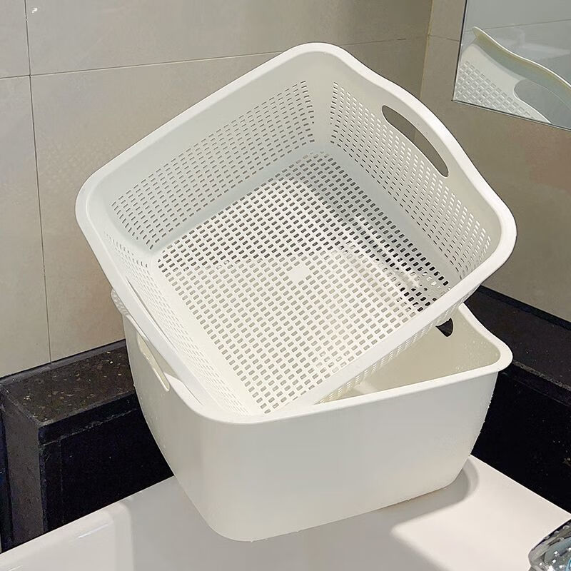 GUIG Double-layer Drainage Home Kitchen Vegetable Washing Thick Plastic Basket Artifact Fruit Cleaning Storage Fruit Plate Washing Basket Square Dabai Double-layer Thickened