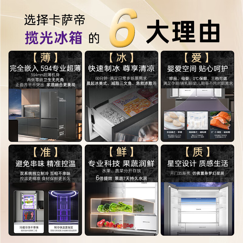 Casarte 520-liter French-style multi-door refrigerator 594mm ultra-thin zero-embedded automatic ice-making first-level energy efficiency frequency conversion intelligent control dual system Languang home refrigerator replacement subsidy ultra-thin zero-embedded BCD-520WGCFDMGCTU1