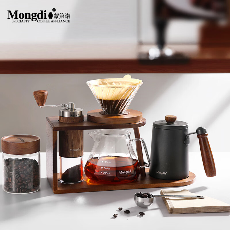 Mongdio hand brewing coffee pot set hand grinding coffee machine hand grinding storage stand coffee utensil complete set second generation stand hand brewing 10 pieces - black steel core model