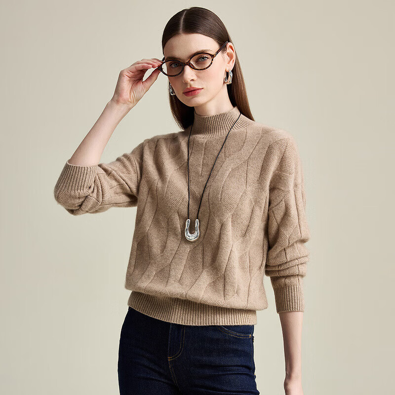 Zhaojun Autumn and Winter Solid Color Cashmere Sweater Women's Half Turtle Collar Drop Sleeve Warm Knitted Sweater Camel XL