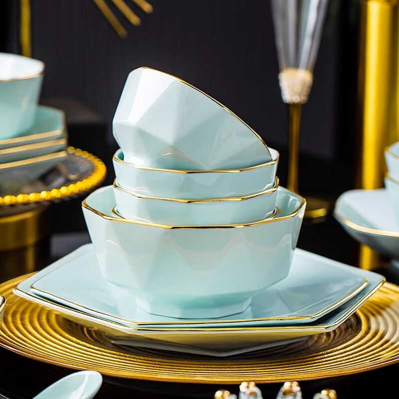 KANGQIN ins Nordic gold edge diamond bowl set creative Japanese solid color household ceramic rice bowl soup bowl large bowl instant noodle bowl gold painted shadow green 4.5 inch rice bowl 8 pack