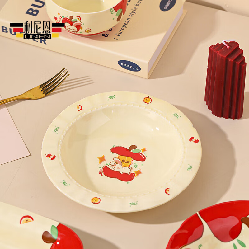 Apple Rabbit cute ins high-looking household bowl spoon underglaze color ceramic tableware rice bowl rice bowl plate 8.5 inch lace plate Apple Rabbit 1 piece