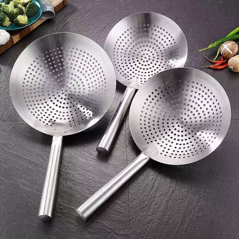 Huamuxi 304 stainless steel colander extra thick frying household chef commercial oil drum leak kitchen filter fishing spoon large strainer extra thick 304 1.5 thick steel handle 24cm household model