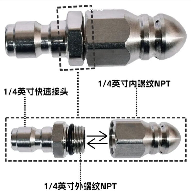 Water rat unblocks the head rat high-pressure nozzle stainless steel 1/4 quick-plug front one back six sprays lower pipe cleaning one pack thickened stainless steel water rat front 1 back six dredge artifact